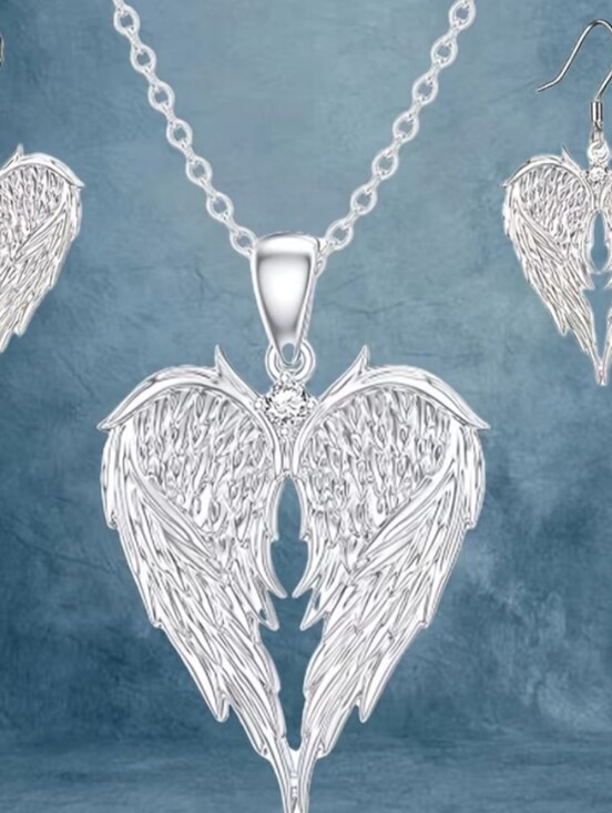 FAll JEWELRY Jewelry - Silver Angel Wing Heart Pendant Necklace - Elegant Heart Wing Jewelry. 3 Pcs